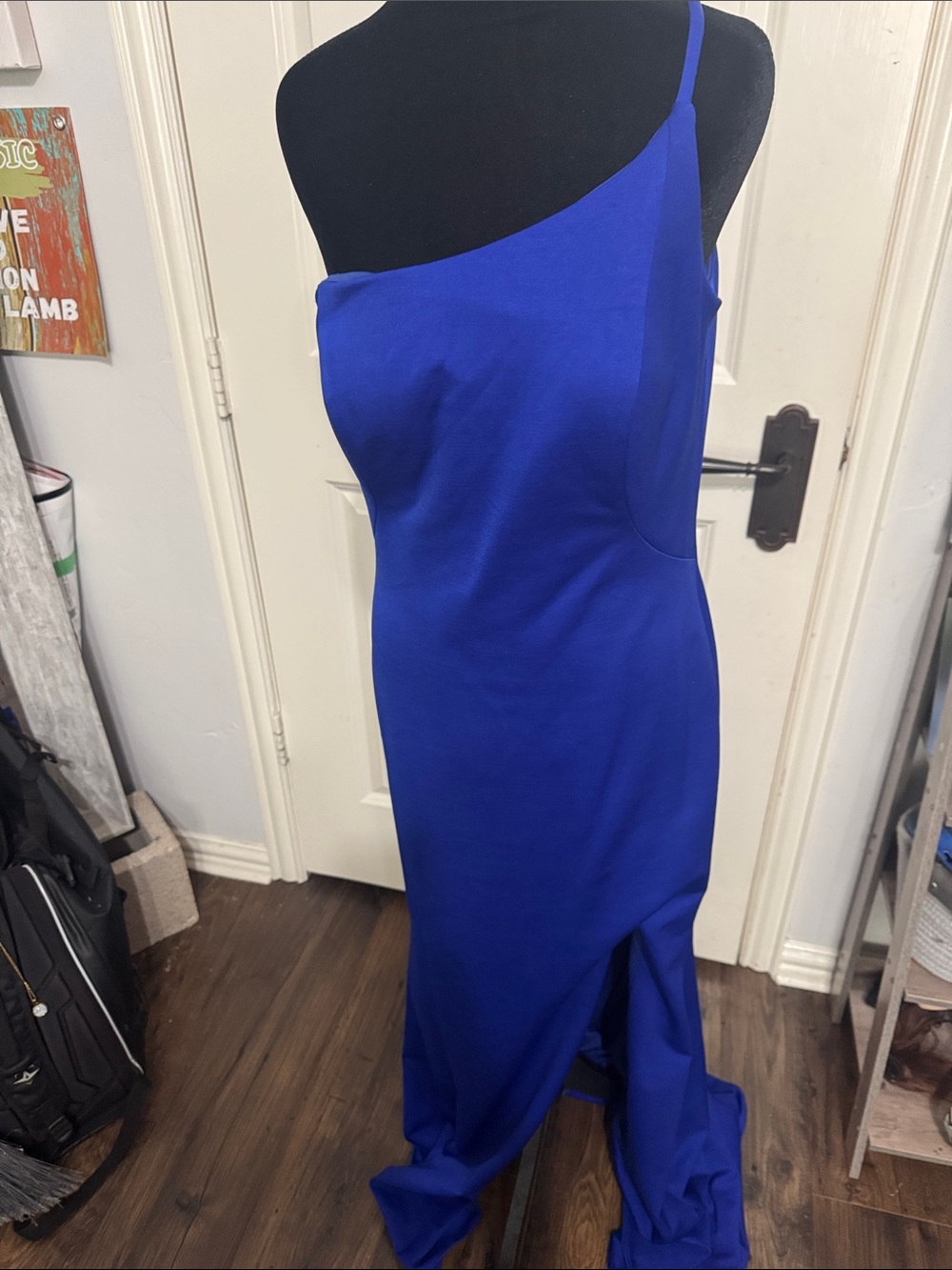 La Femme Cobalt One-Shoulder Evening Gown